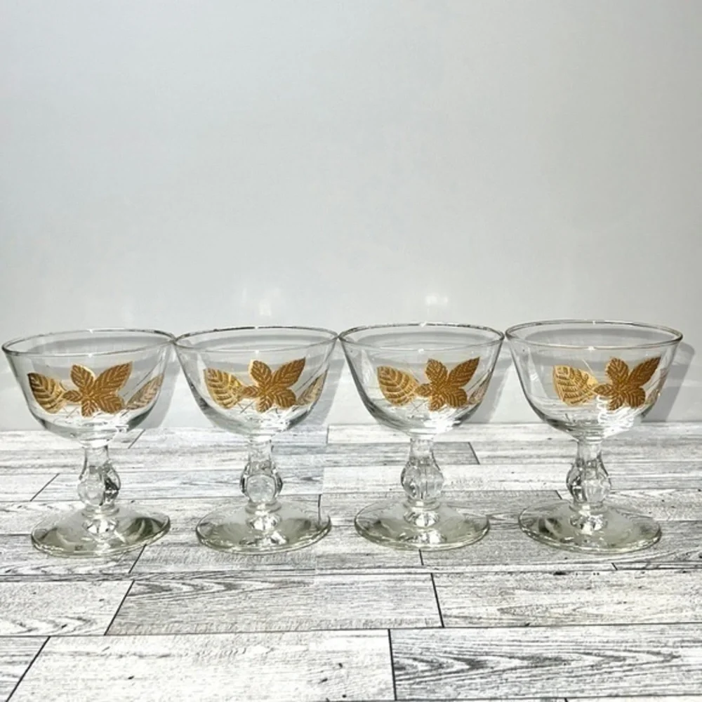Libbey Mid Century Gold Leaf Stemmed Champagne Glasses Set of 4